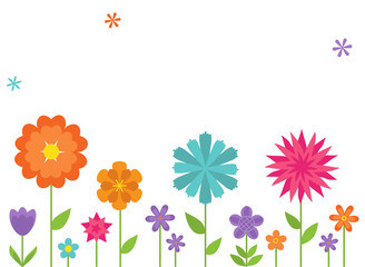 Spring colors flowers set on white. Border from trendy flat style flowers. Vector Illustration