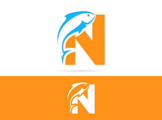 Letter N fish logo design. Vector combination of animals and letter