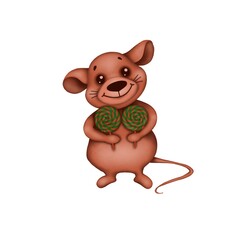Cute cartoon mouse with green lollipops in it’s hands . Hand drawn children‘s illustration, perfect for kids clothing, fashion print design and greeting cards 