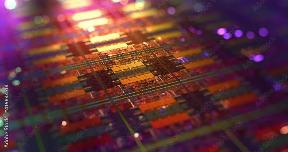 Poster computer cpu chip on silicon wafer. close up shot of electronic system with data processing. chip, a