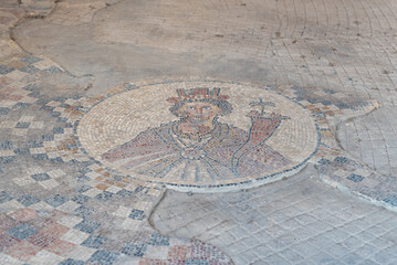 Mosaic floor of Tyche the gaudian goddess of the city of Beit She'an at Beit She'an National Park in Israel