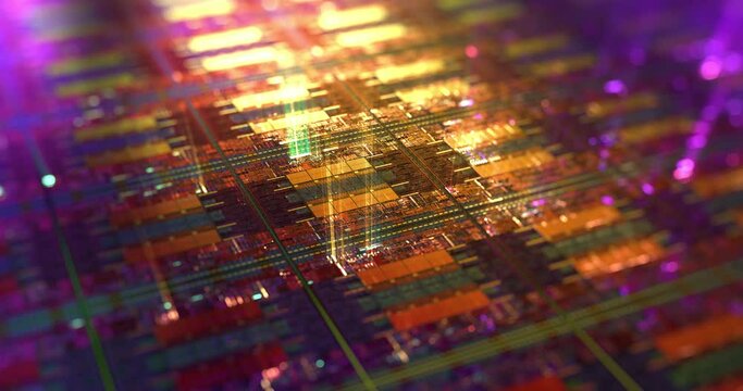 Computer chip with light rays streaming out, high tech background. Macro shot of microchip on silicon wafer. Abstract computer components. 3D rendering, 4K loop