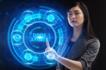 Business, Technology, Internet and network concept. Young businessman working on a virtual screen of the future and sees the inscription: Ddos attack