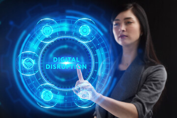 Business, Technology, Internet and network concept. Young businessman working on a virtual screen of the future and sees the inscription: Digital disruption