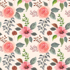 Seamless pattern beautiful flower and leaves watercolor