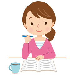 ノートに記入する女性　家計簿　日記