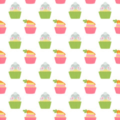 Cute Easter cupcakes seamless pattern with rabbit, chicken and carrot. Vector illustration isolated.