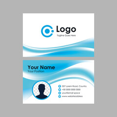 Abstract smooth business card with blue wavy mesh gradient background design, professional blue stylish name card with photo space template vector