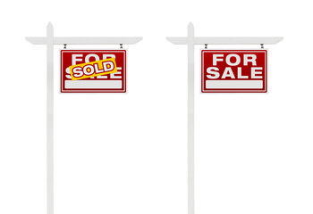 Two Right Facing Sold and For Sale Real Estate Signs With Clipping Paths Isolated on White Background