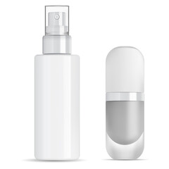 Spray cosmetic bottle. Foundation package mockup. Mist pump container blank. Makeup foundation bottle glass for commercial or advertising. Parfum fragrance deodorant. Concealer object