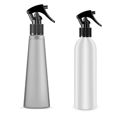 Spray bottle trigger. Cosmetic flask trigger pump, 3d vector container, hair essence pistol spray. Sprayer freshener for bathroom, tube illustration. Cosmetic water spray blank. Disinfectant detergent
