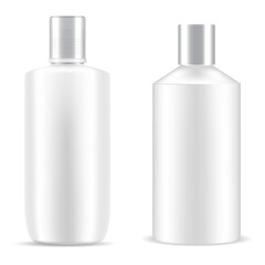 Bottle shampoo cosmetic. White package plastic mockup. Cosmetic product cylinder container, bath gel realistic tubular design. Beauty container vector object, skin care packing template collection
