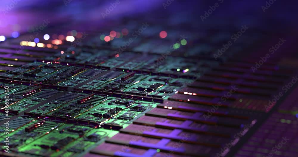 Poster computer cpu chip on silicon wafer. close up shot of electronic system with data processing. chip, a