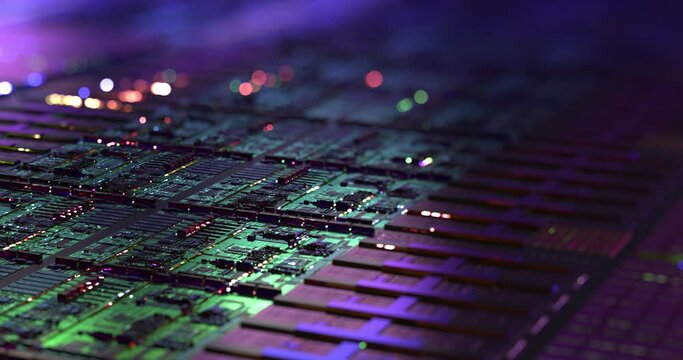 Computer CPU chip on silicon wafer. close up shot of electronic system with data processing.  Chip, AI calculating big data abstract. 3D rendering, 4K loop