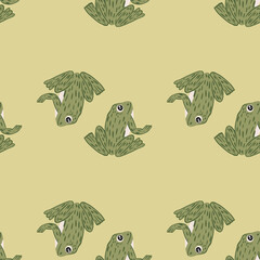 Seamless pattern in minimalistic style with doodle olive green toad ornament. Beige pastel background.
