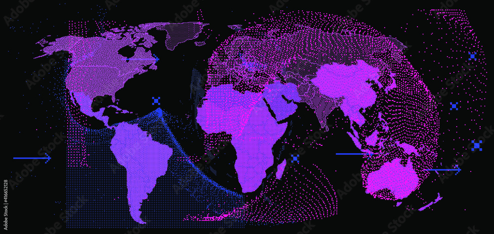 Poster world map in pixel art style. concept of global social network of planet earth.