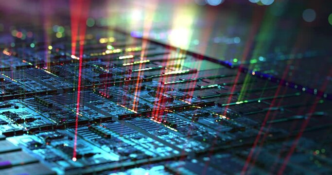 Computer chip with light rays streaming out, high tech background. Macro shot of microchip on silicon wafer. Abstract computer components. 3D rendering, 4K loop