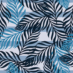 Hawaii exotic seamless flora pattern with random fern leaf silhouettes ornament. Blue striped background.