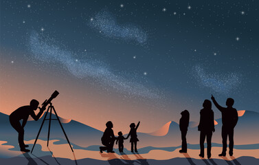 Star scene night sky with silhouette people telescope looking at space
