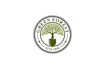 green forest logo with tree trunk illustration, attitude that reflects nature's care for nature preservation