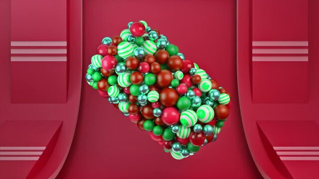 Abstract tiny small round shaped particles flying and spinning in created parallelepiped figure. Animation. Colorful spheres rotating and moving, seamless loop.