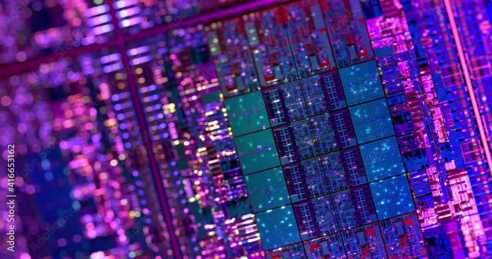 Poster close up of abstract silicon chip. computer microchip and electronic components with lights blinking