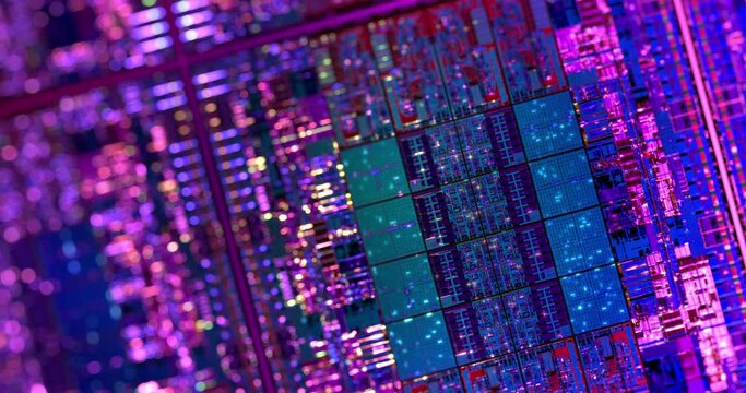 Close up of abstract silicon chip. Computer microchip and electronic components with lights blinking while processing data. Server or datacenter hardware Technology background. 3D rendering, 4K loop