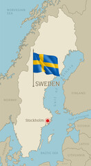 Sweden highly detailed map with territory borders, European country political map with Stockholm capital city and waving national flag vector illustration