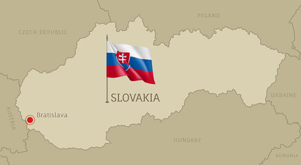 Highly detailed map of Slovakia territory borders, East European country administrative map with Bratislava capital city and waving national flag vector illustration