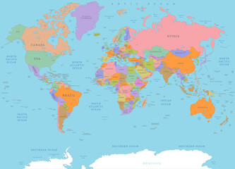 Colored detailed political world map. Political colored physical topographical map with countries borders, capital cities, islands and water objects names