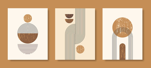 Set of Abstract Modern Art Backgrounds with simple geometric shapes of lines and circles. Boho Vector Illustration in minimal style and pastel colors for poster, T-shirt print, cover, banner © Sini4ka