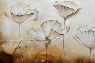 Painting poppies pastel color with texture in canvas