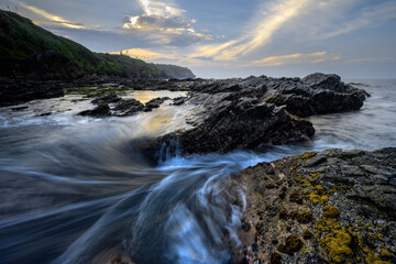 mountain river at sunset