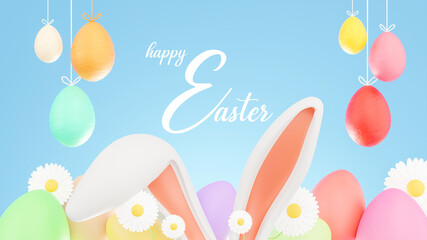 3d render of bunny ear with eggs for happy easter festival