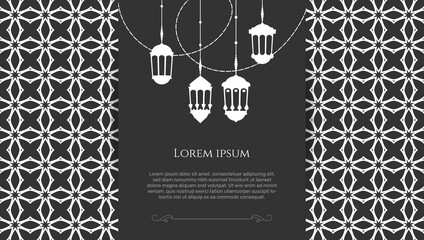 Monochrome arabic elegant template with ramadan hanging lanterns on islamic ornamental background illustration. - Vector. © ajipro