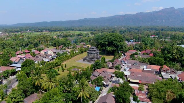 Ancient Buddhist temple in Mendut village, Java, Inodnesia, aerial panorama