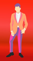 Vector image of a male in a orange, purple suit standing, posing with an orange background. Red carpet style man in elegant setting, scene. 