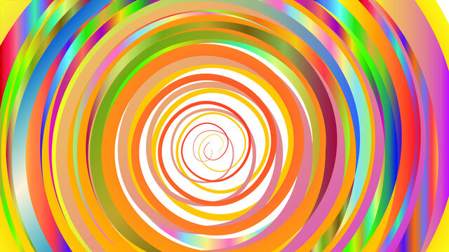 A spiral background vector image of a rainbow spinning with orange, pink, blue, green, on white background. 