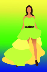 Vector of BIPOC person wearing a green and yellow flowing dress  on gradient bright background in elegant, red carpet style.  