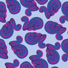 Seamless pattern of swirling tangles with spiral curls, blue-violet motifs on a gentle blue background