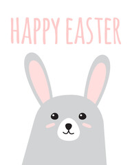 Obraz na płótnie Canvas Vector hand drawn doodle gray flat bunny rabbit face and happy Easter lettering isolated on white background
