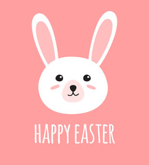Vector hand drawn doodle flat bunny rabbit face and happy Easter lettering isolated on pink background