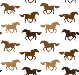 Vector seamless pattern of different color flat horse silhouette isolated on white background