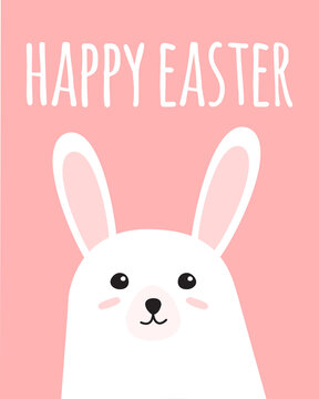 Vector hand drawn doodle flat white bunny rabbit face and happy Easter lettering isolated on pink background