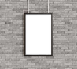 White poster with black frame mockup on on brick wall. 3d rendering.