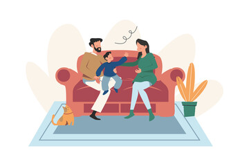 Happy family sit on couch together