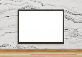 Blank poster on marble wall and wood floor and. 3d rendering.