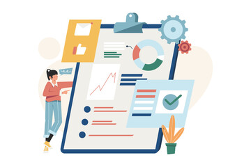 Office workers are studying the infographic of evolutionary scale