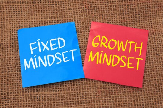 Fixed and growth mindset, text words typography written on paper against wooden background, life and business motivational inspirational