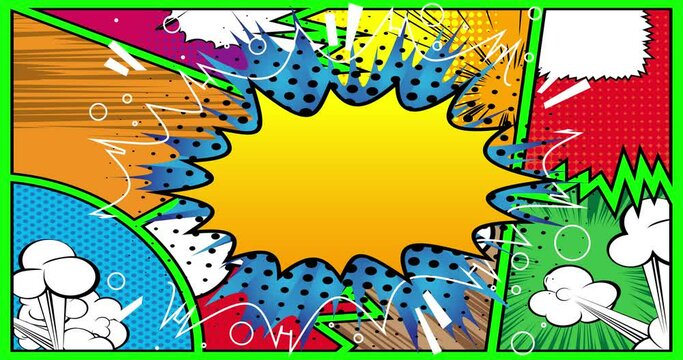 4k animated comic book footage. Background with text bubble on green background. Comic book page animation on Chroma key, green screen. Good for banner, poster, apps, web site and social media posts.